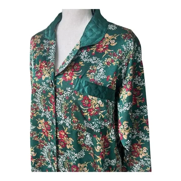 Vintage Gold Label VS Green Floral Satin Nightshirt Robe Quilted Collar (P)